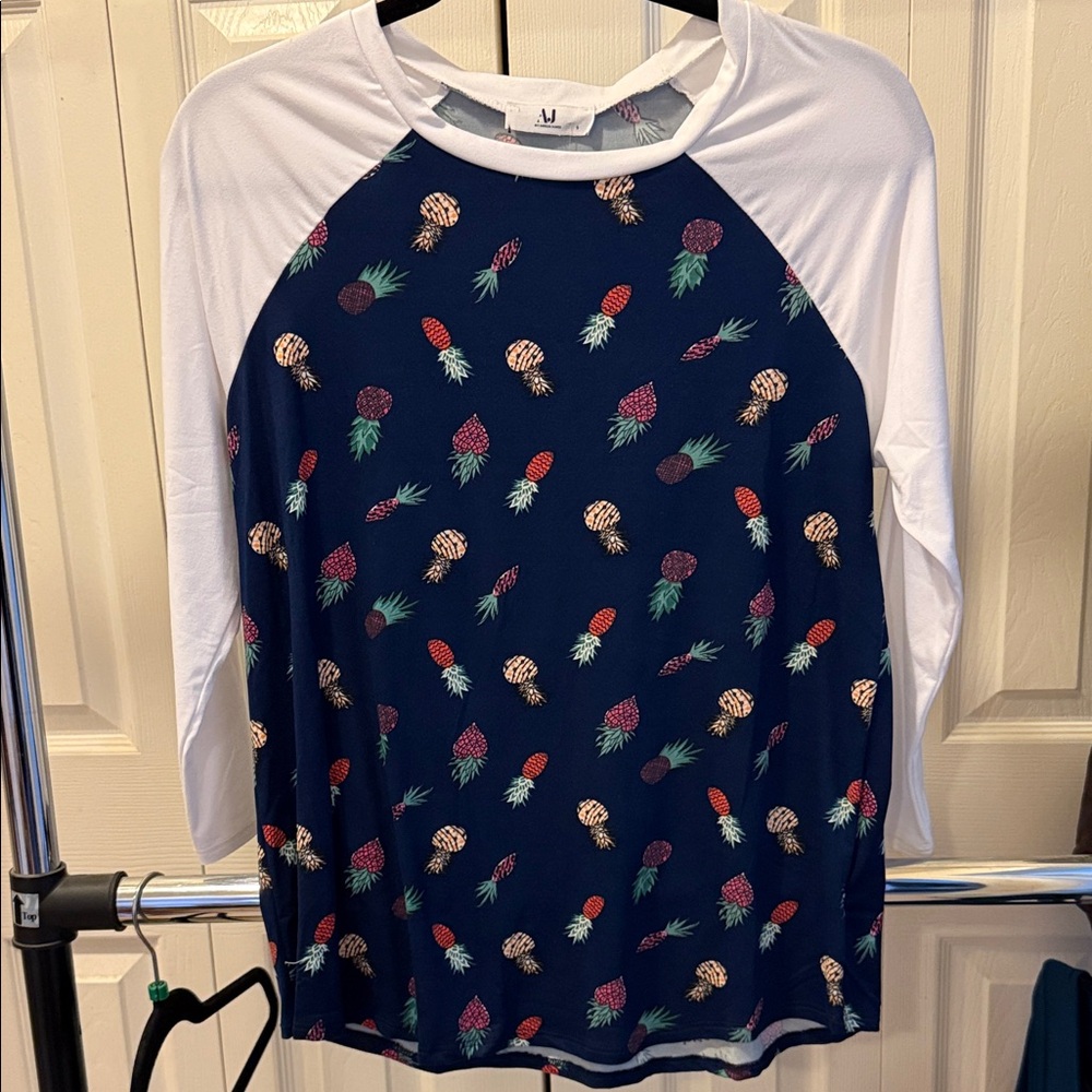 Amelia James Navy Pineapple Print Raglan Long Sleeve Tee with White Sleeves